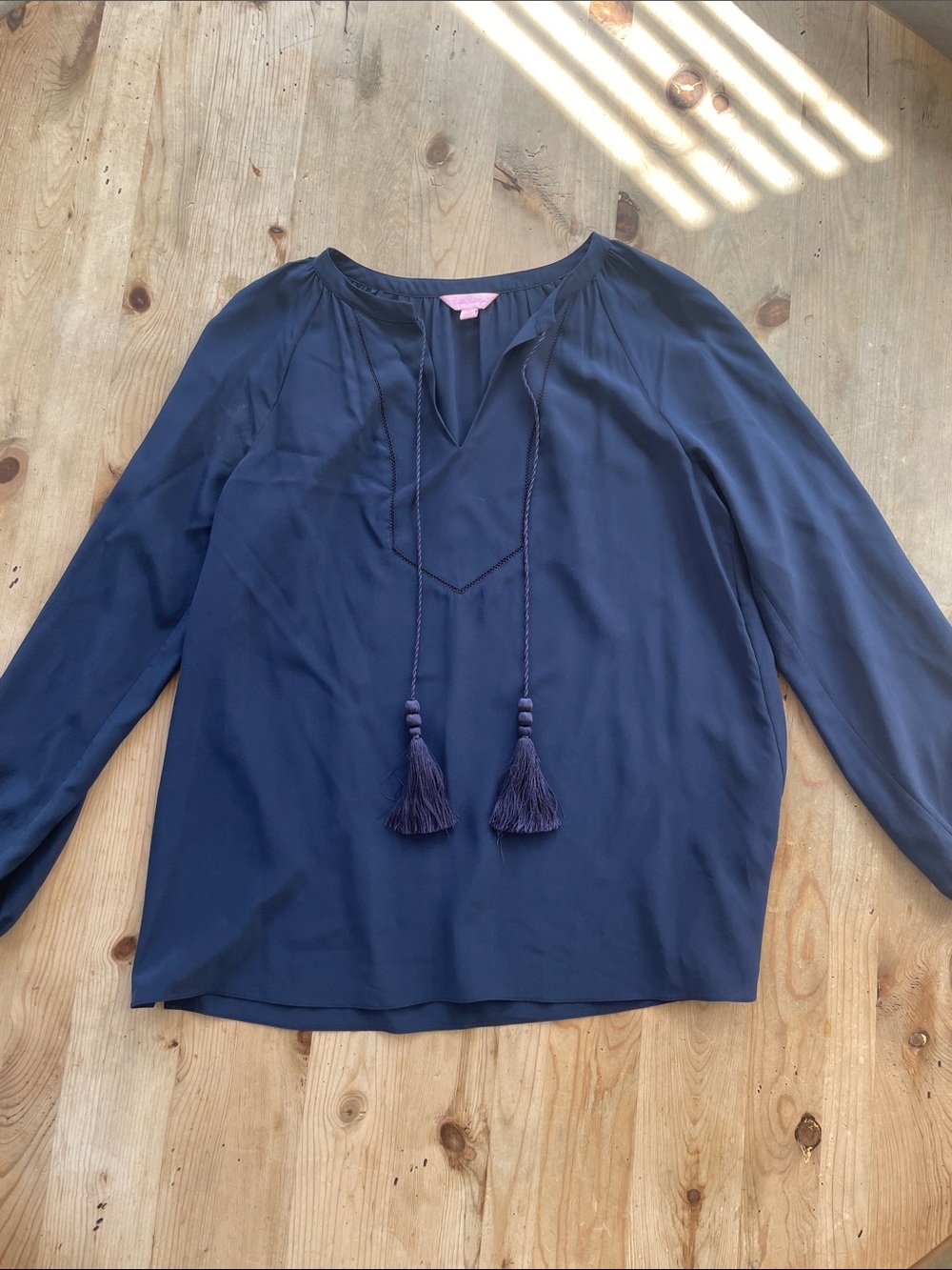 Lilly Pulitzer Silk Navy Tassel Tie Long Sleeve Blouse Size M